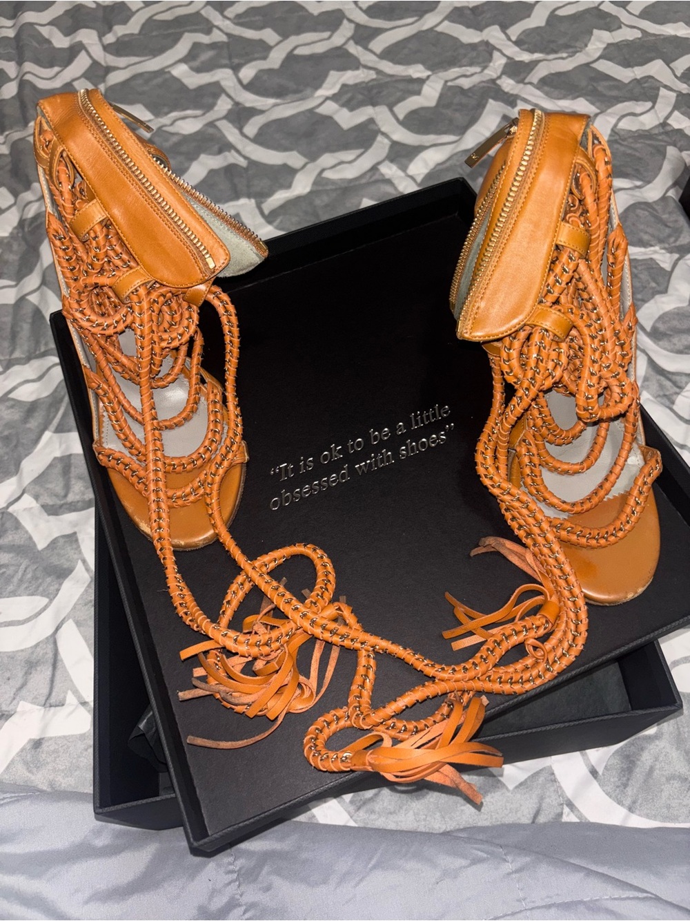 Monika Chiang Braided Lace-Up Heeled Sandals in Cognac